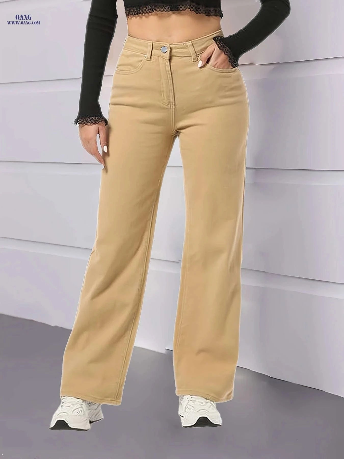 Women's Mid-High Waist Straight Leg Jeans - Slim Fit Solid White   OAXG Khaki / S