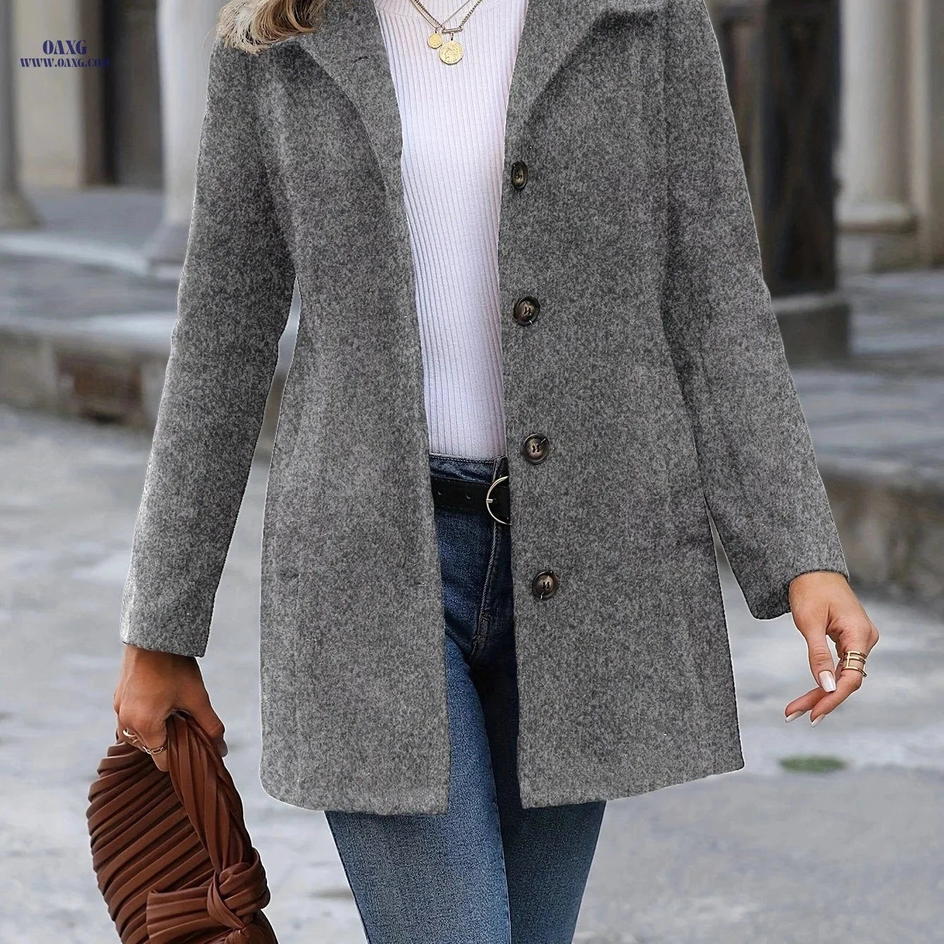 Women’s Mid-Length Trench Coat - Single-Breasted, Cinched Waist Design   OAXG 