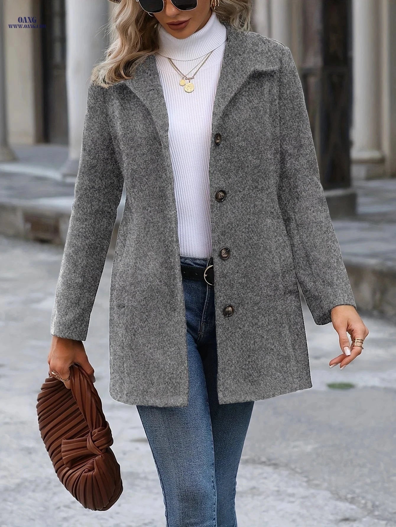 Women’s Mid-Length Trench Coat - Single-Breasted, Cinched Waist Design   OAXG 