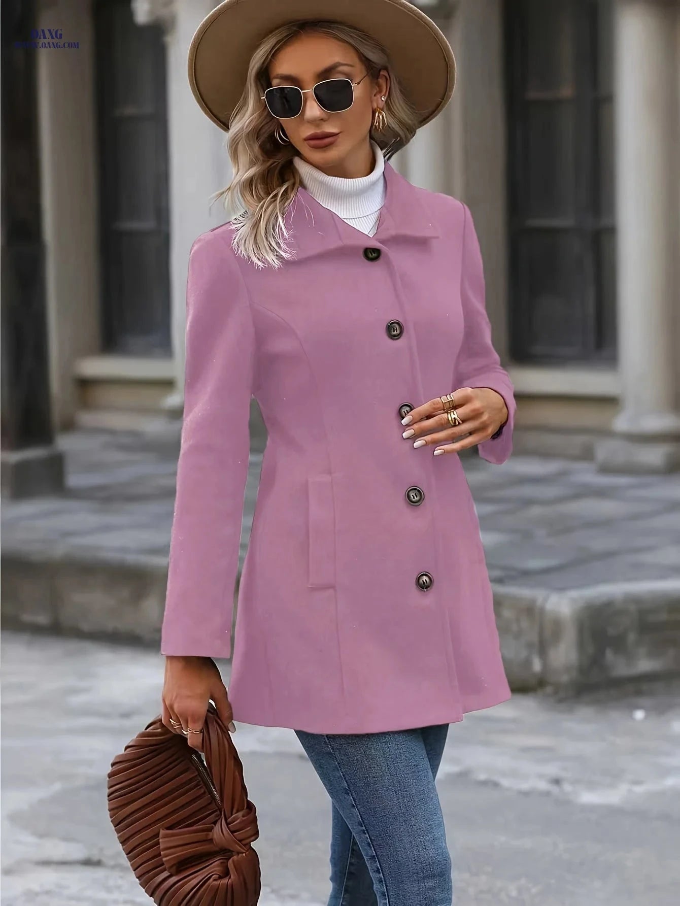 Women’s Mid-Length Trench Coat - Single-Breasted, Cinched Waist Design   OAXG 