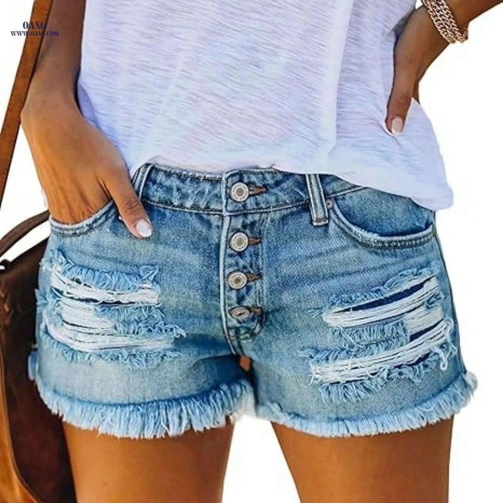 Women's Mid Rise Ripped Denim Shorts - Casual Summer Style   OAXG 