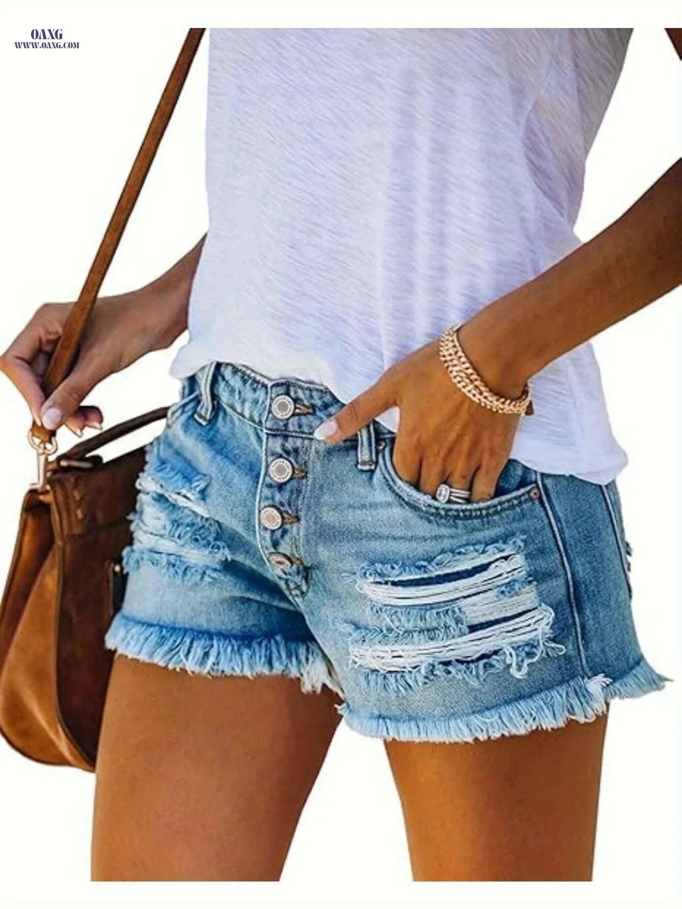 Women's Mid Rise Ripped Denim Shorts - Casual Summer Style   OAXG 