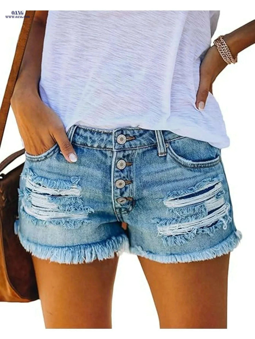 Women's Mid Rise Ripped Denim Shorts - Casual Summer Style   OAXG 