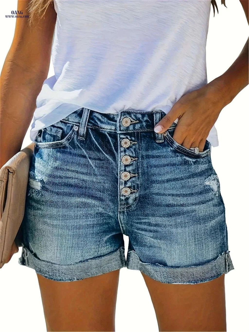 Women's Mid Rise Ripped Denim Shorts - Stretchy Folded Hem Style   OAXG Light Blue / S