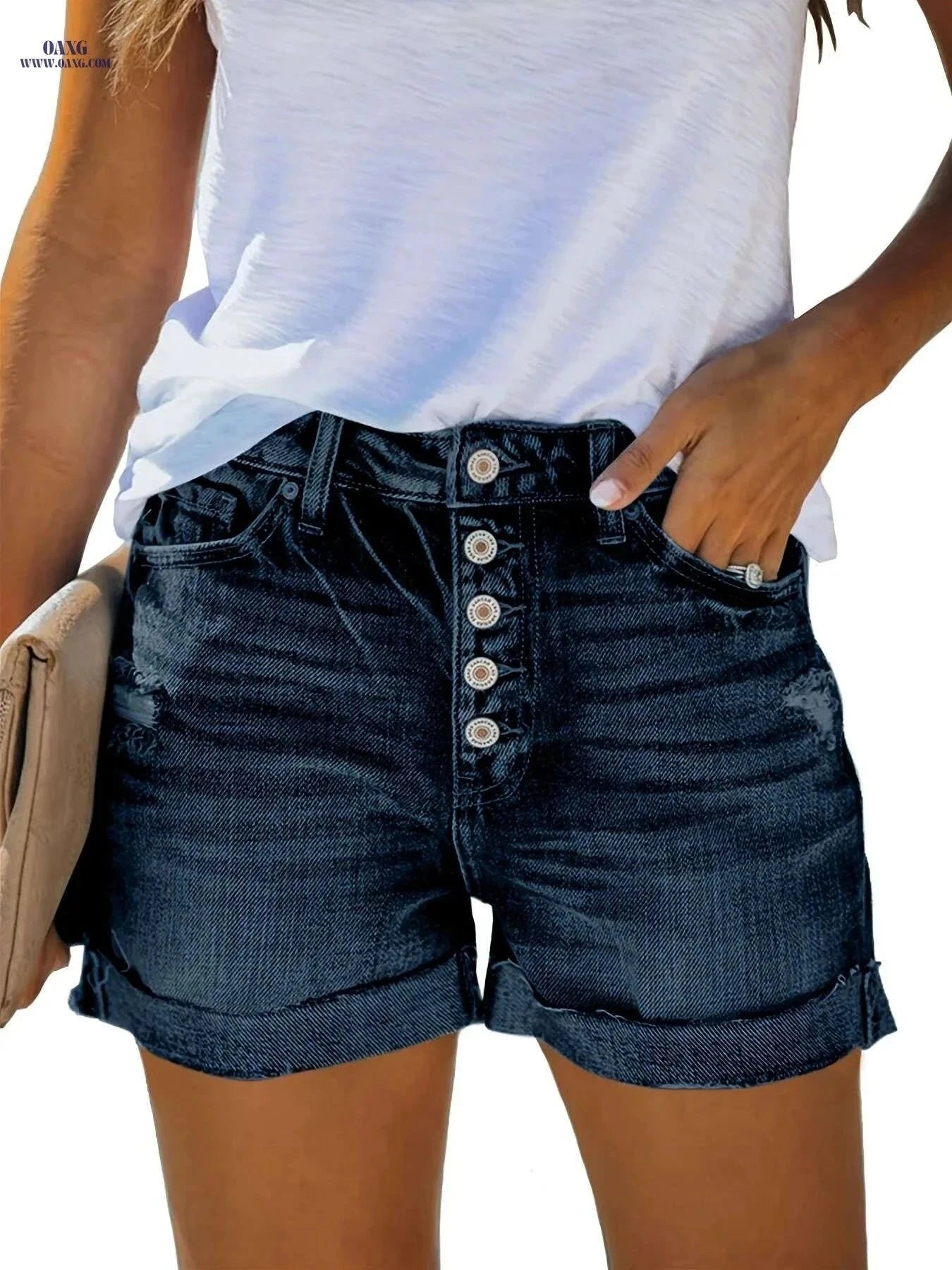 Women's Mid Rise Ripped Denim Shorts - Stretchy Folded Hem Style   OAXG Light Blue / S