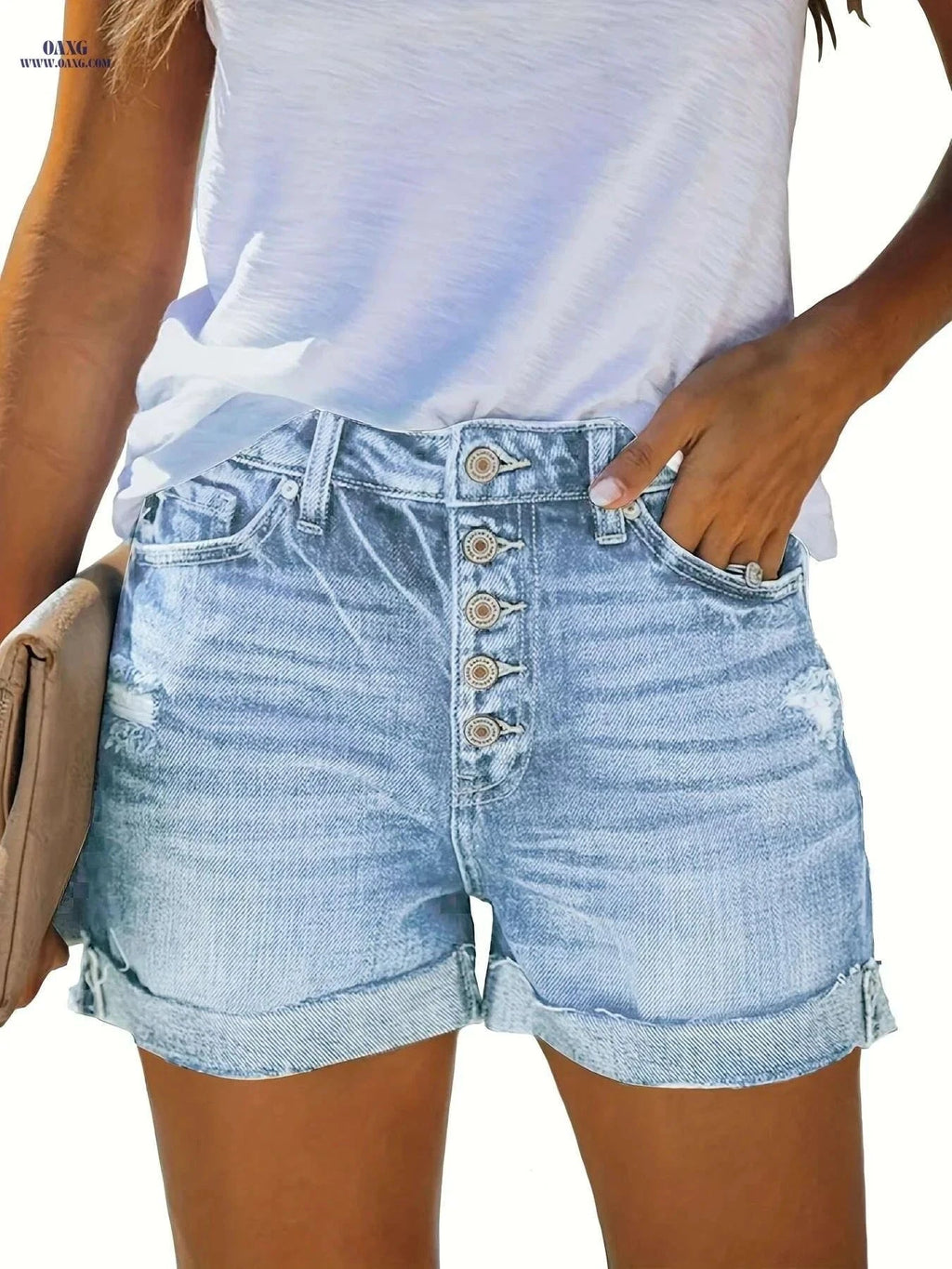 Women's Mid Rise Ripped Denim Shorts - Stretchy Folded Hem Style   OAXG Light Blue / S