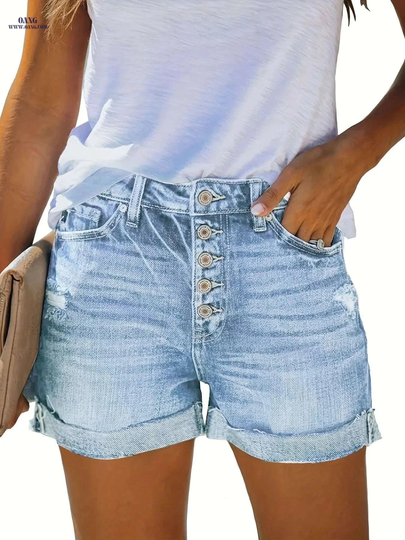Women's Mid Rise Ripped Denim Shorts - Stretchy Folded Hem Style   OAXG Light Blue / S
