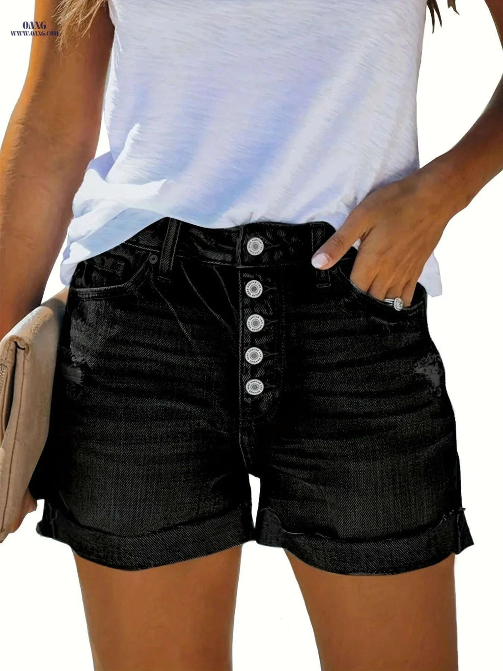 Women's Mid Rise Ripped Denim Shorts - Stretchy Folded Hem Style   OAXG Light Blue / S