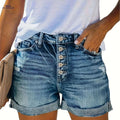 Women's Mid Rise Ripped Denim Shorts - Stretchy Folded Hem Style   OAXG Light Blue / S