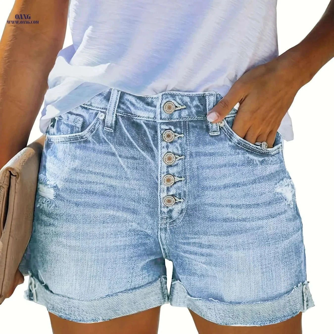 Women's Mid Rise Ripped Denim Shorts - Stretchy Folded Hem Style   OAXG Light Blue / S