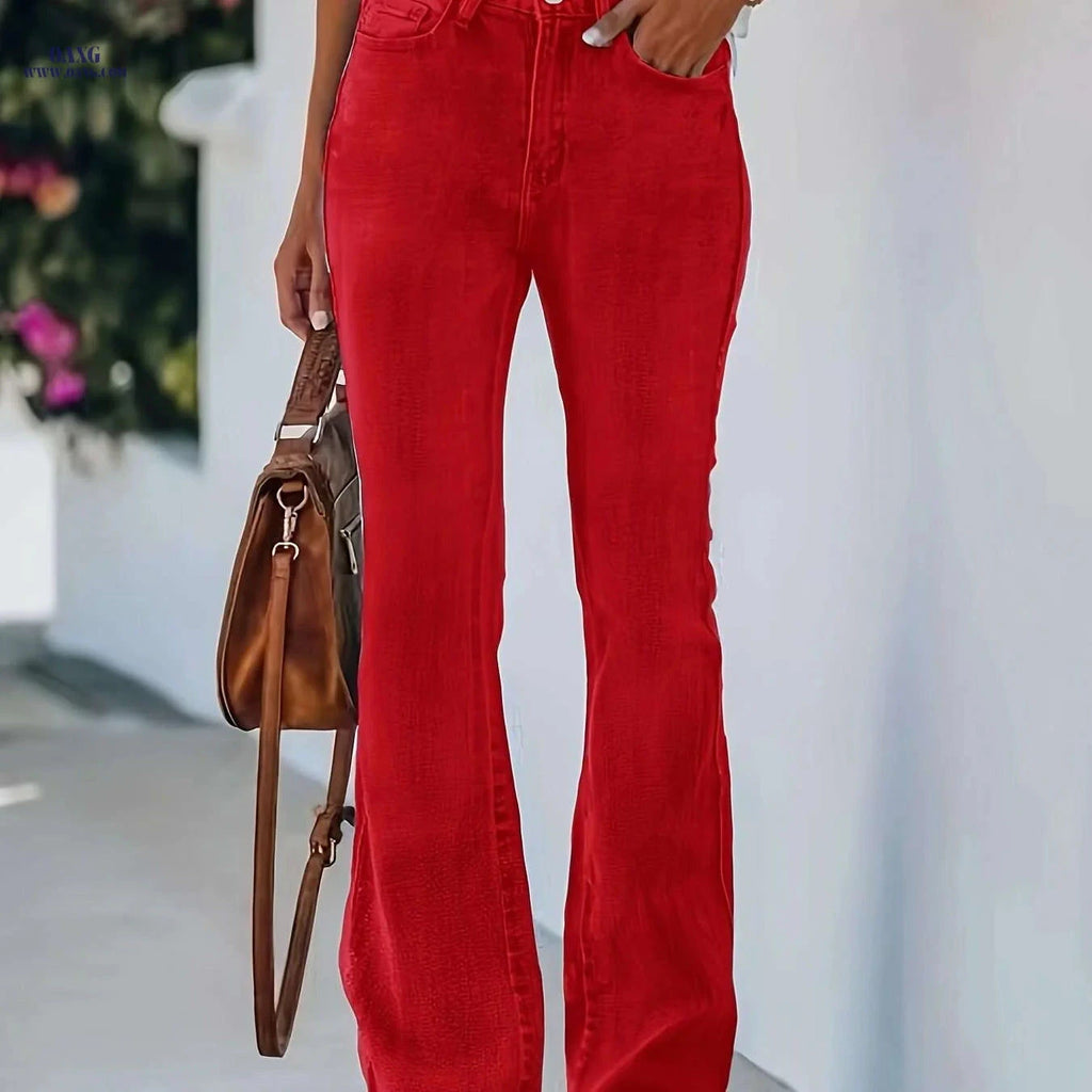 Women's Mid-Rise Stretchy Flare Jeans - Light Blue Casual Style   OAXG Red / S