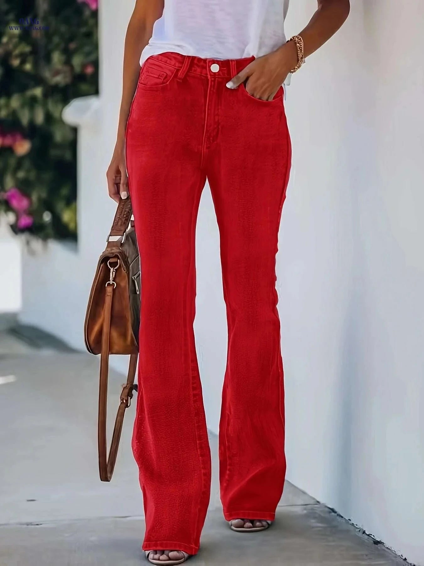 Women's Mid-Rise Stretchy Flare Jeans - Light Blue Casual Style   OAXG Red / S