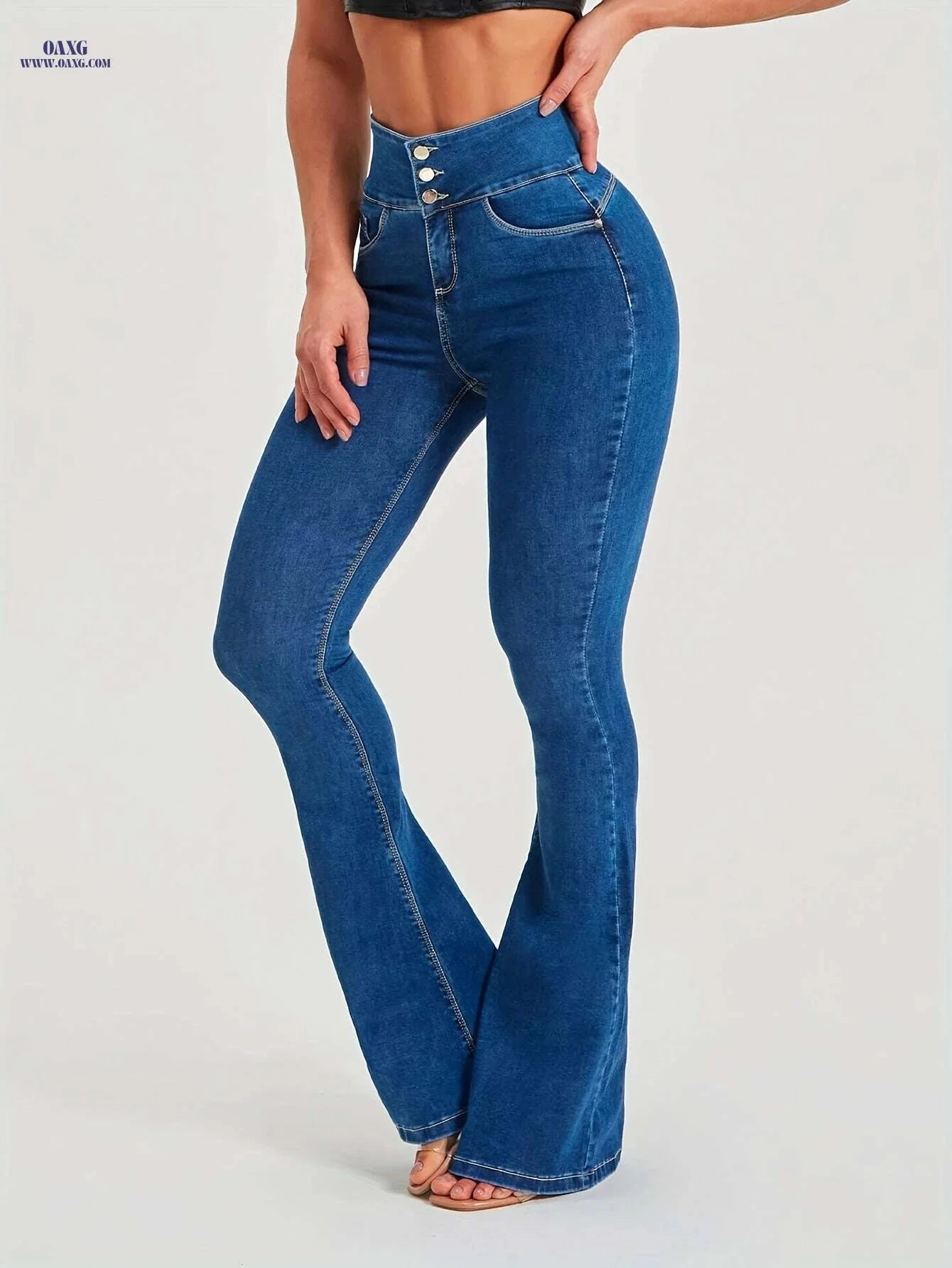 Women’s Mid-Waist Flare Leg Jeans - Comfortable Slim-Fit Denim Pants   OAXG Blue / S
