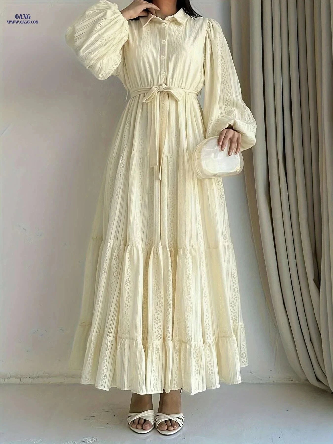 Women's Middle Eastern Abaya Dress - Elegant Lace Overlay & Button Closure   OAXG 