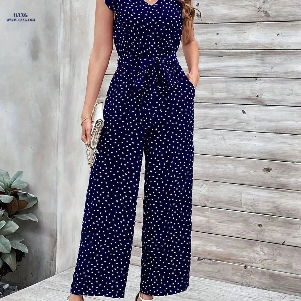 Women's Navy Blue Polka Dot Jumpsuit - V-Neck with Ruffle Sleeves   OAXG Royal Blue / S