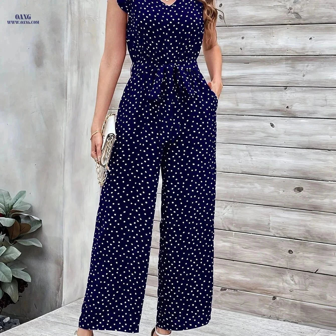 Women's Navy Blue Polka Dot Jumpsuit - V-Neck with Ruffle Sleeves   OAXG Royal Blue / S
