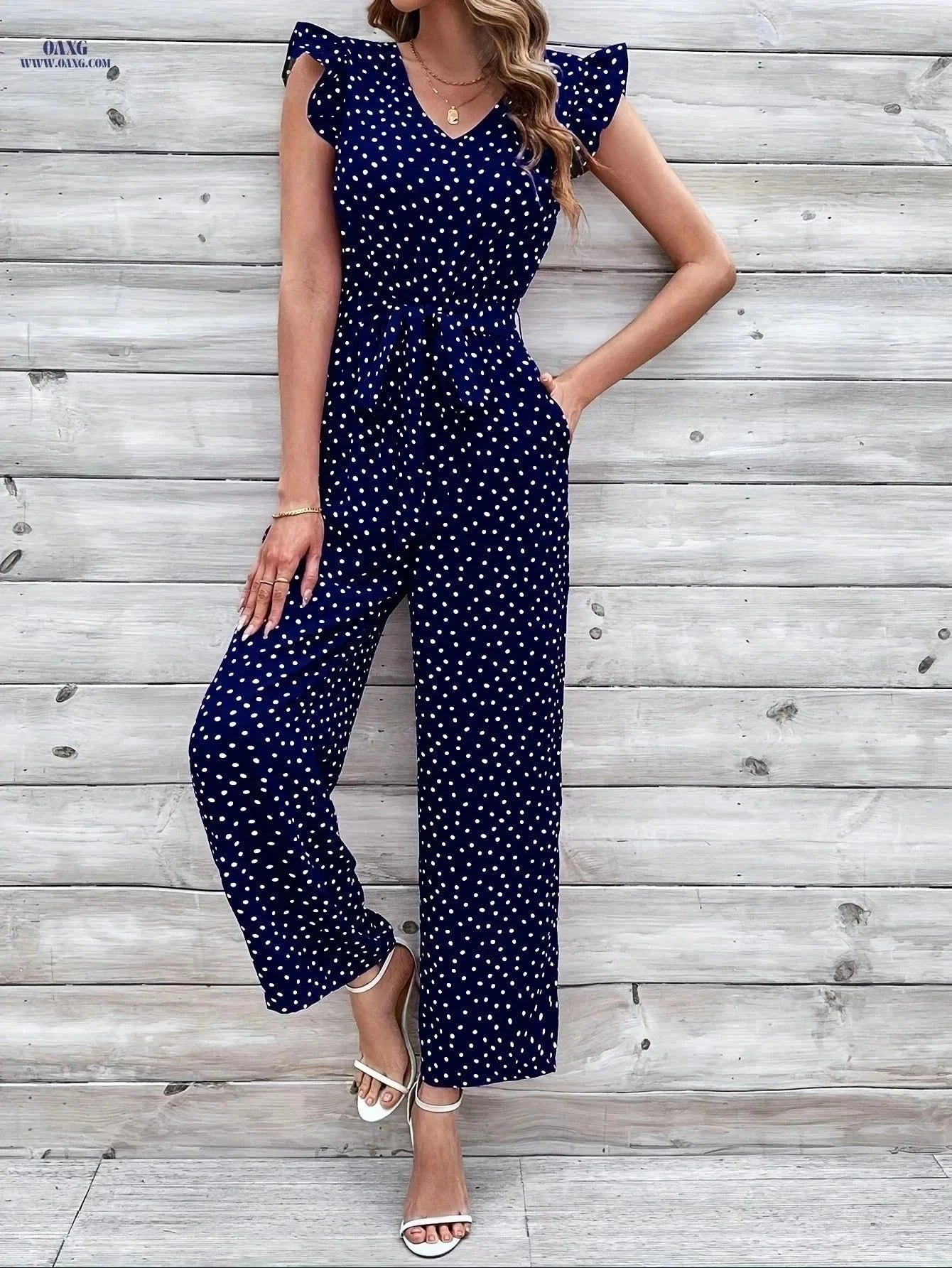 Women's Navy Blue Polka Dot Jumpsuit - V-Neck with Ruffle Sleeves   OAXG Royal Blue / S