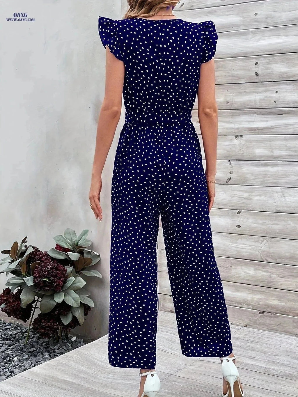 Women's Navy Blue Polka Dot Jumpsuit - V-Neck with Ruffle Sleeves   OAXG Royal Blue / S