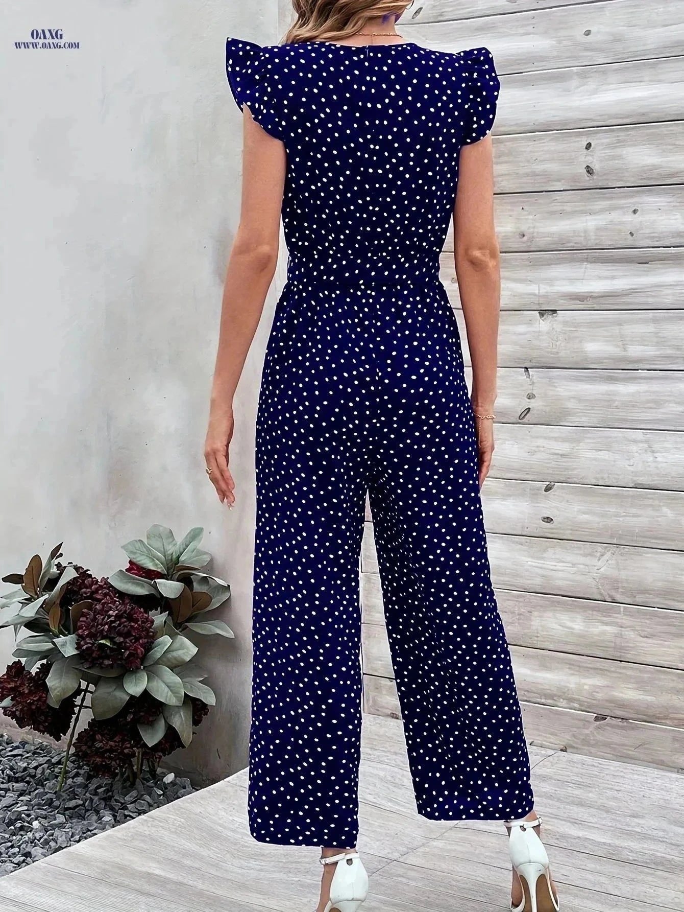 Women's Navy Blue Polka Dot Jumpsuit - V-Neck with Ruffle Sleeves   OAXG Royal Blue / S