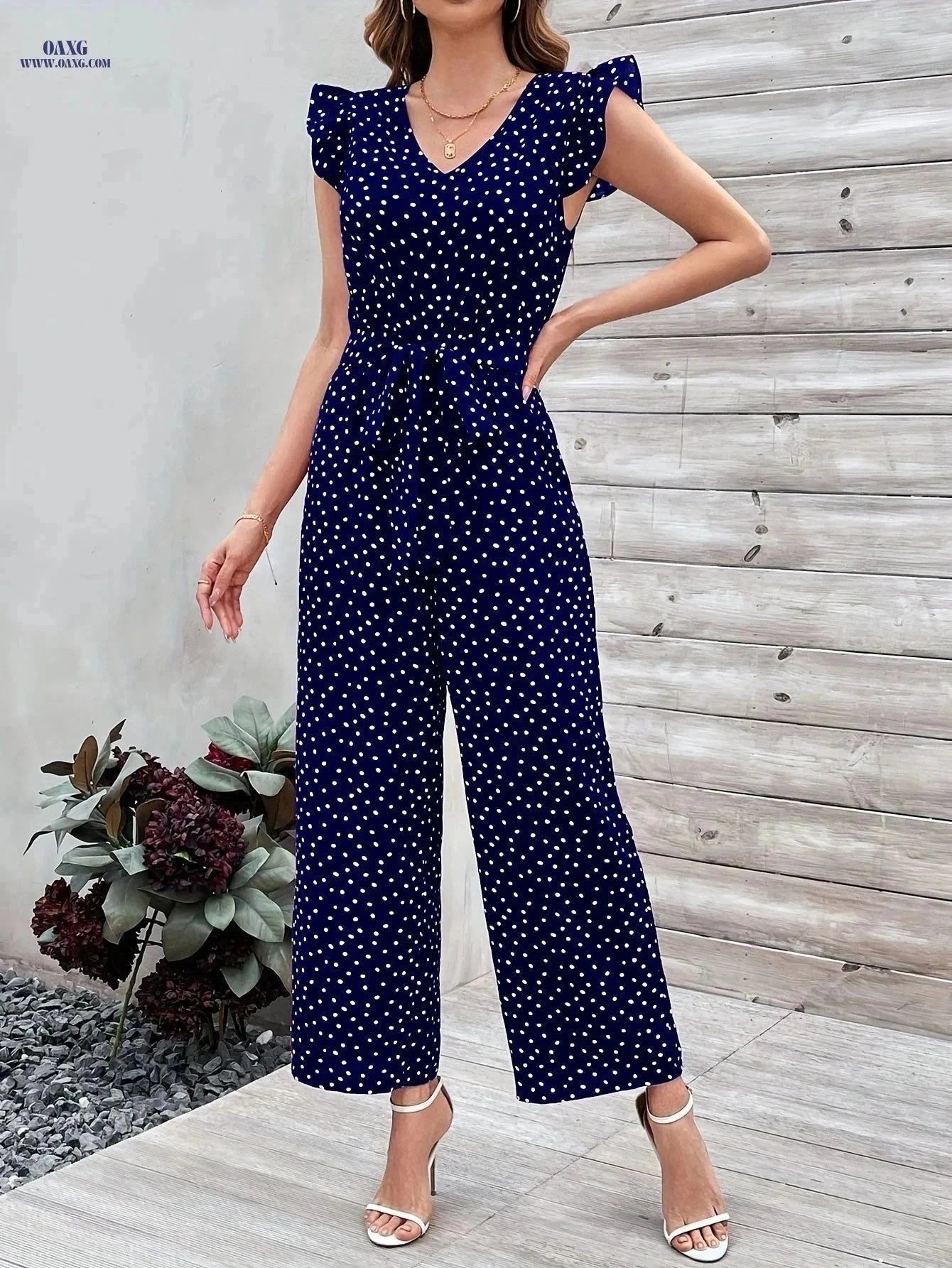 Women's Navy Blue Polka Dot Jumpsuit - V-Neck with Ruffle Sleeves   OAXG Royal Blue / S