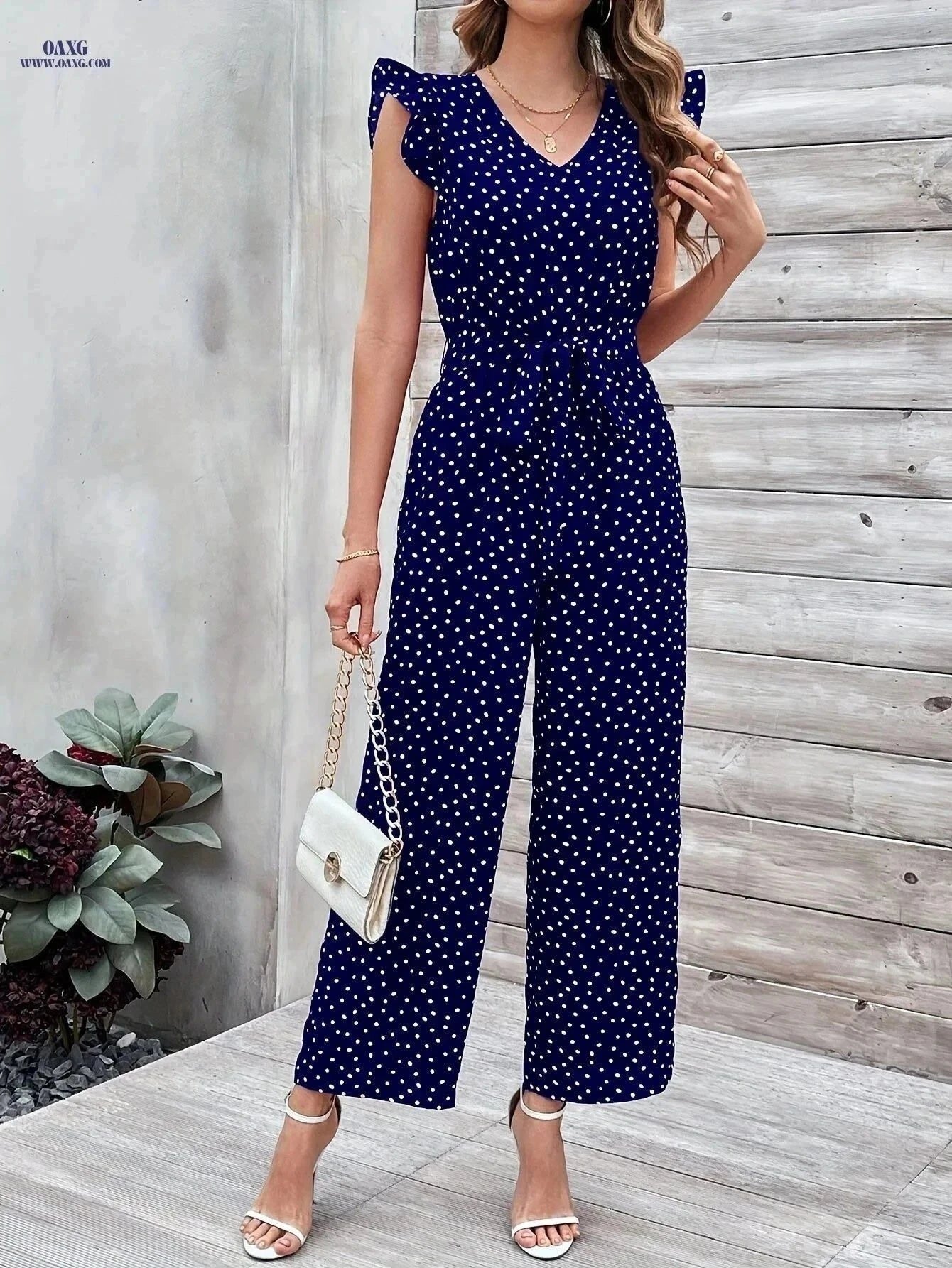 Women's Navy Blue Polka Dot Jumpsuit - V-Neck with Ruffle Sleeves   OAXG Royal Blue / S