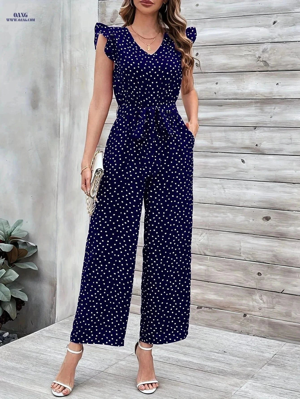 Women's Navy Blue Polka Dot Jumpsuit - V-Neck with Ruffle Sleeves   OAXG Royal Blue / S