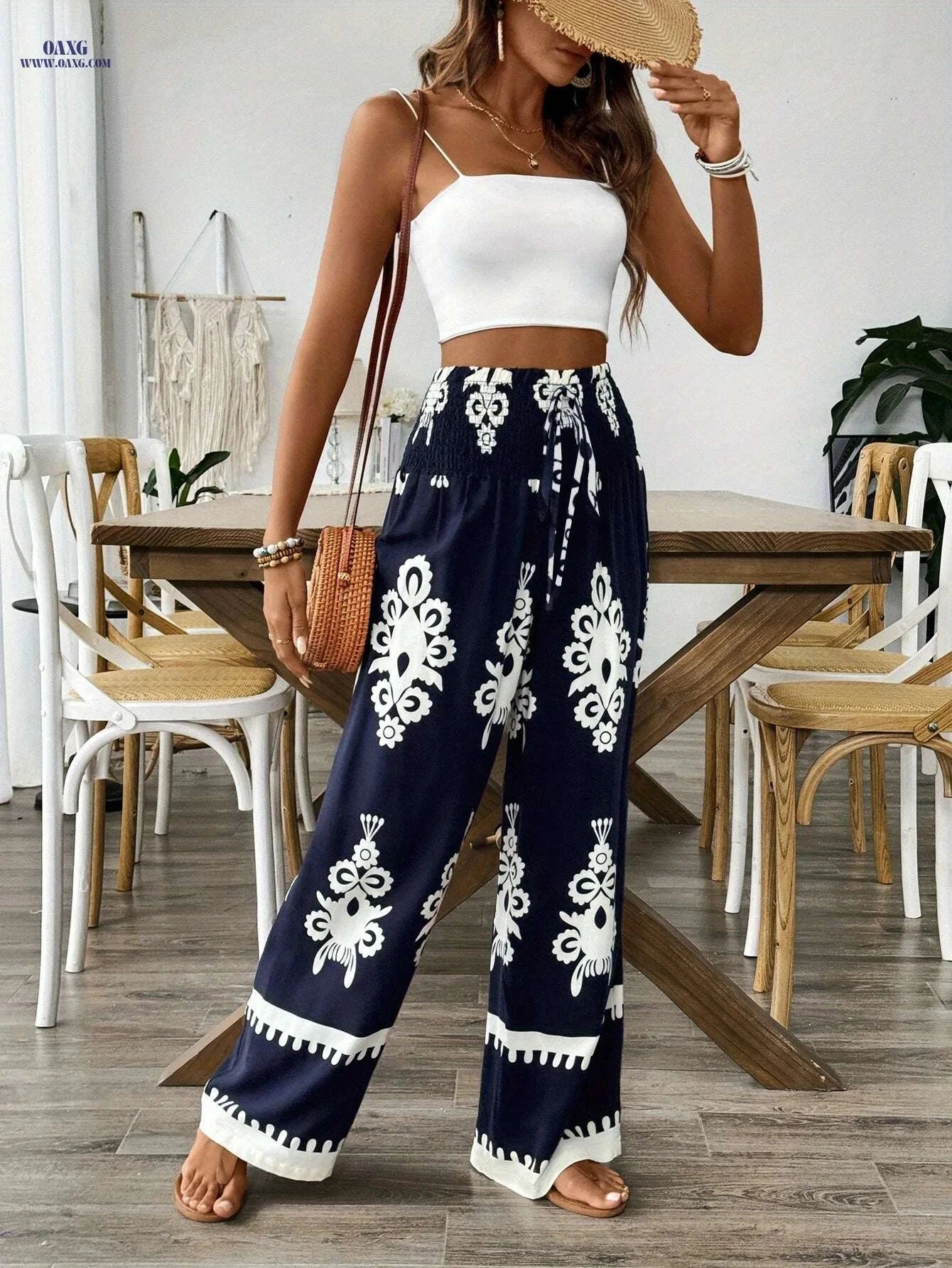 Women's Navy & White Floral Wide-Leg Pants - Elastic Waist Design   OAXG Navy Blue / S