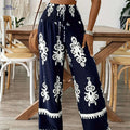 Women's Navy & White Floral Wide-Leg Pants - Elastic Waist Design   OAXG 