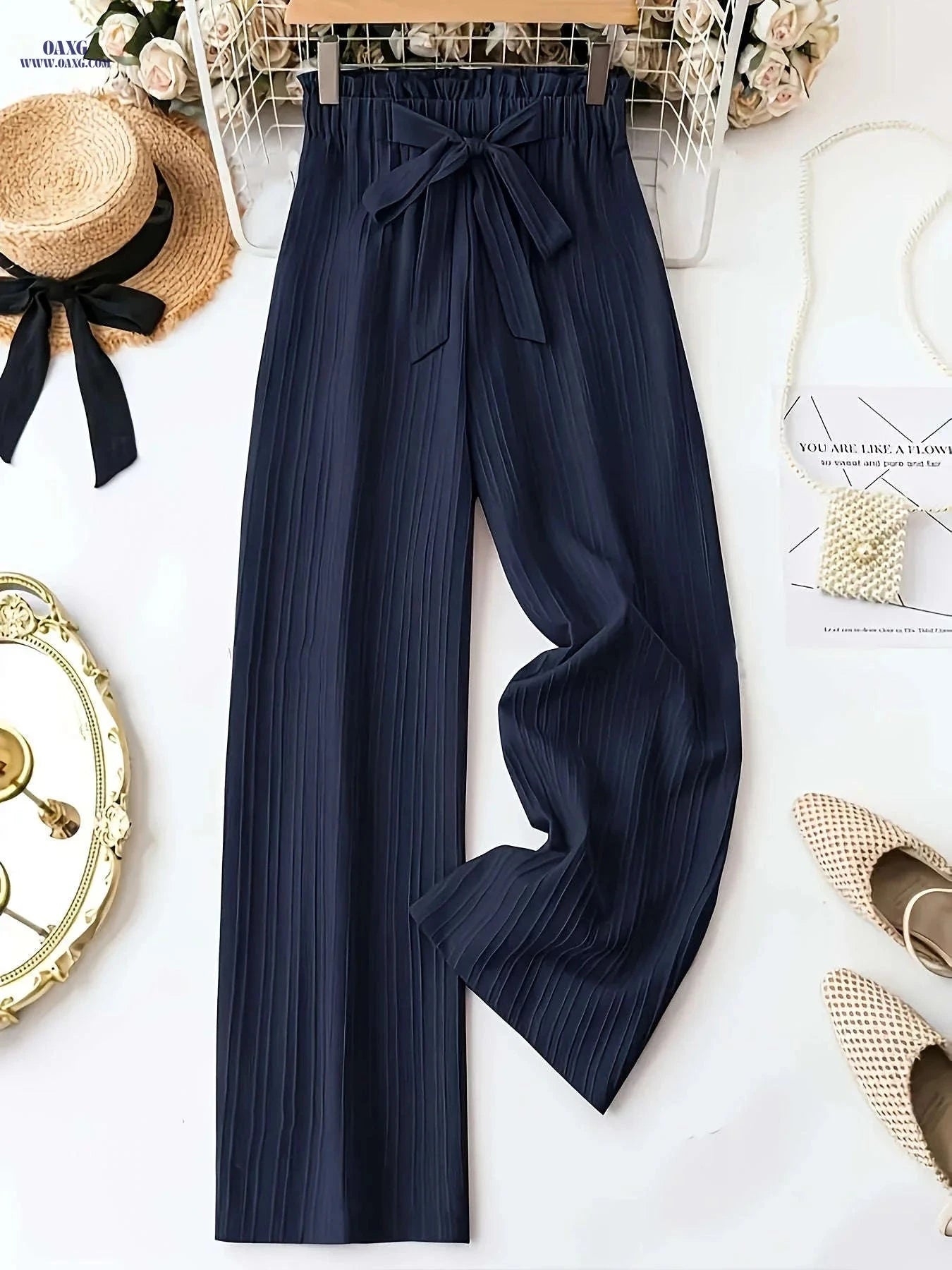 Women's Navy Wide-Leg Pants - Casual All-Season Style, 100% Polyester   OAXG 