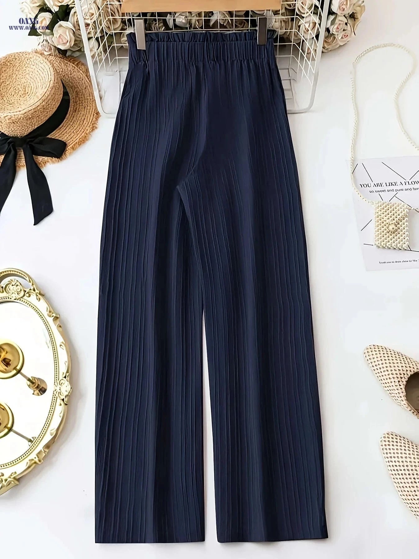 Women's Navy Wide-Leg Pants - Casual All-Season Style, 100% Polyester   OAXG Navy Color / S