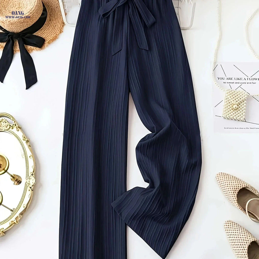 Women's Navy Wide-Leg Pants - Casual All-Season Style, 100% Polyester   OAXG Navy Color / S