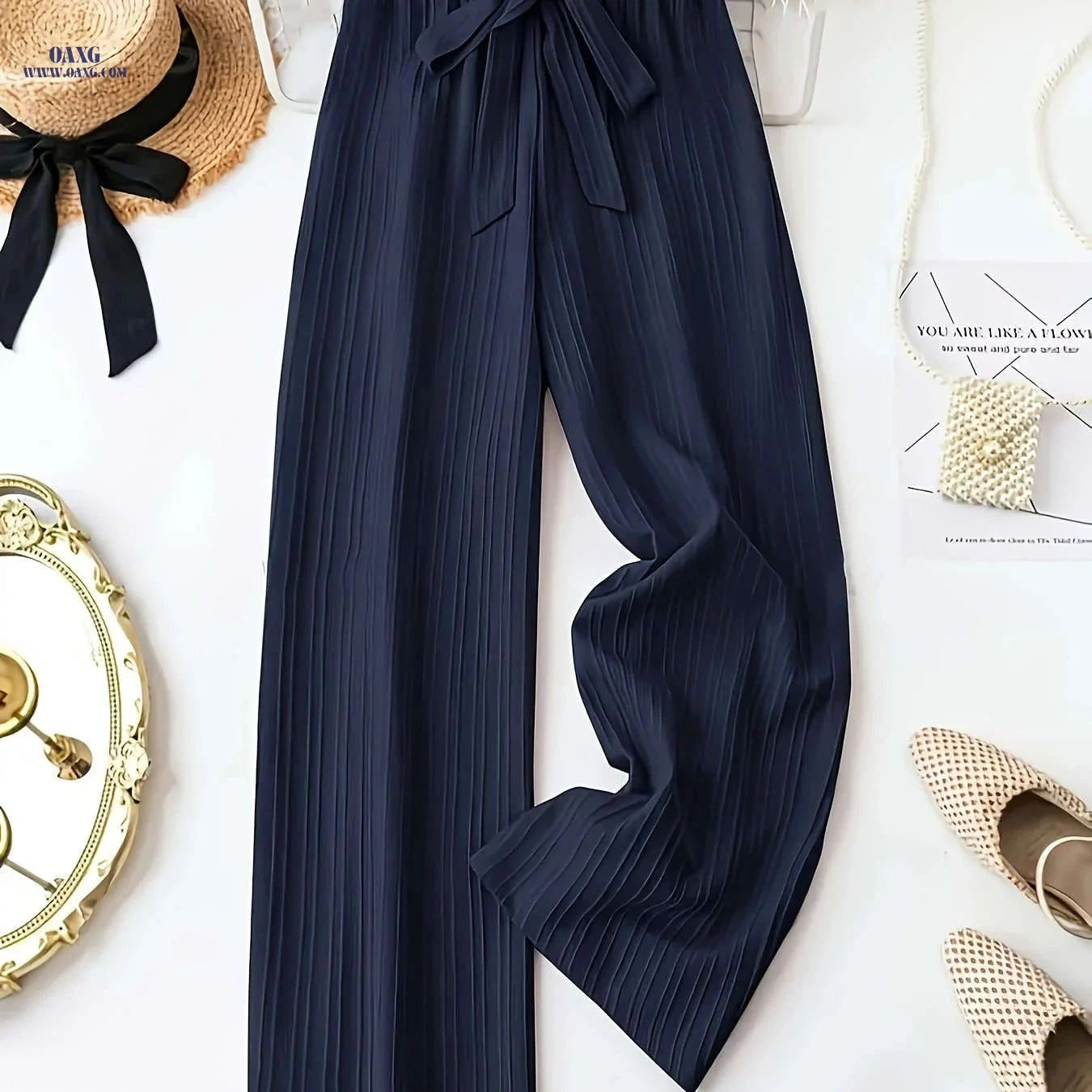 Women's Navy Wide-Leg Pants - Casual All-Season Style, 100% Polyester   OAXG Navy Color / S
