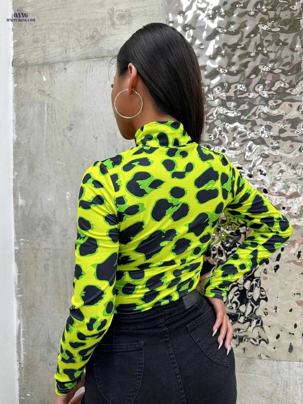 Women's Neon Green Leopard Print Bodysuit - High Neck & Stretchy Fit   OAXG Dark Green / S