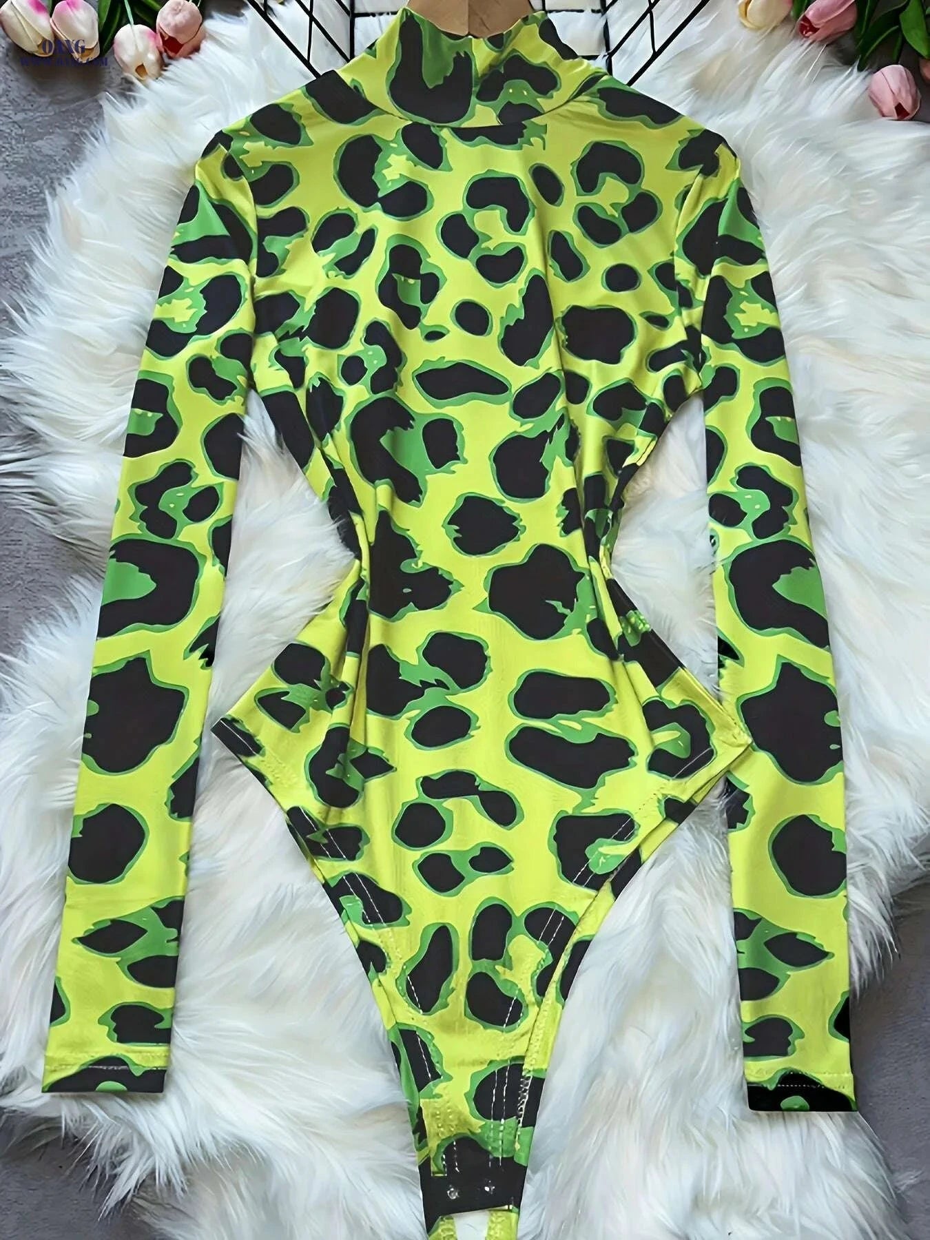 Women's Neon Green Leopard Print Bodysuit - High Neck & Stretchy Fit   OAXG Dark Green / S