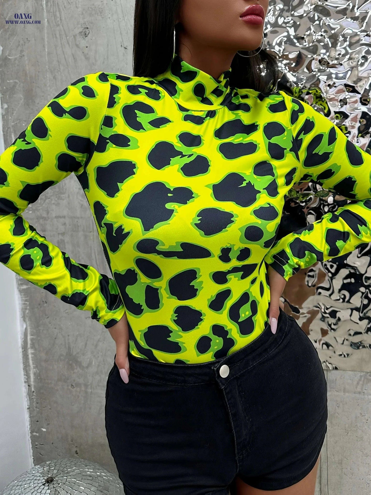 Women's Neon Green Leopard Print Bodysuit - High Neck & Stretchy Fit   OAXG Dark Green / S