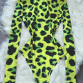 Women's Neon Green Leopard Print Bodysuit - High Neck & Stretchy Fit   OAXG 