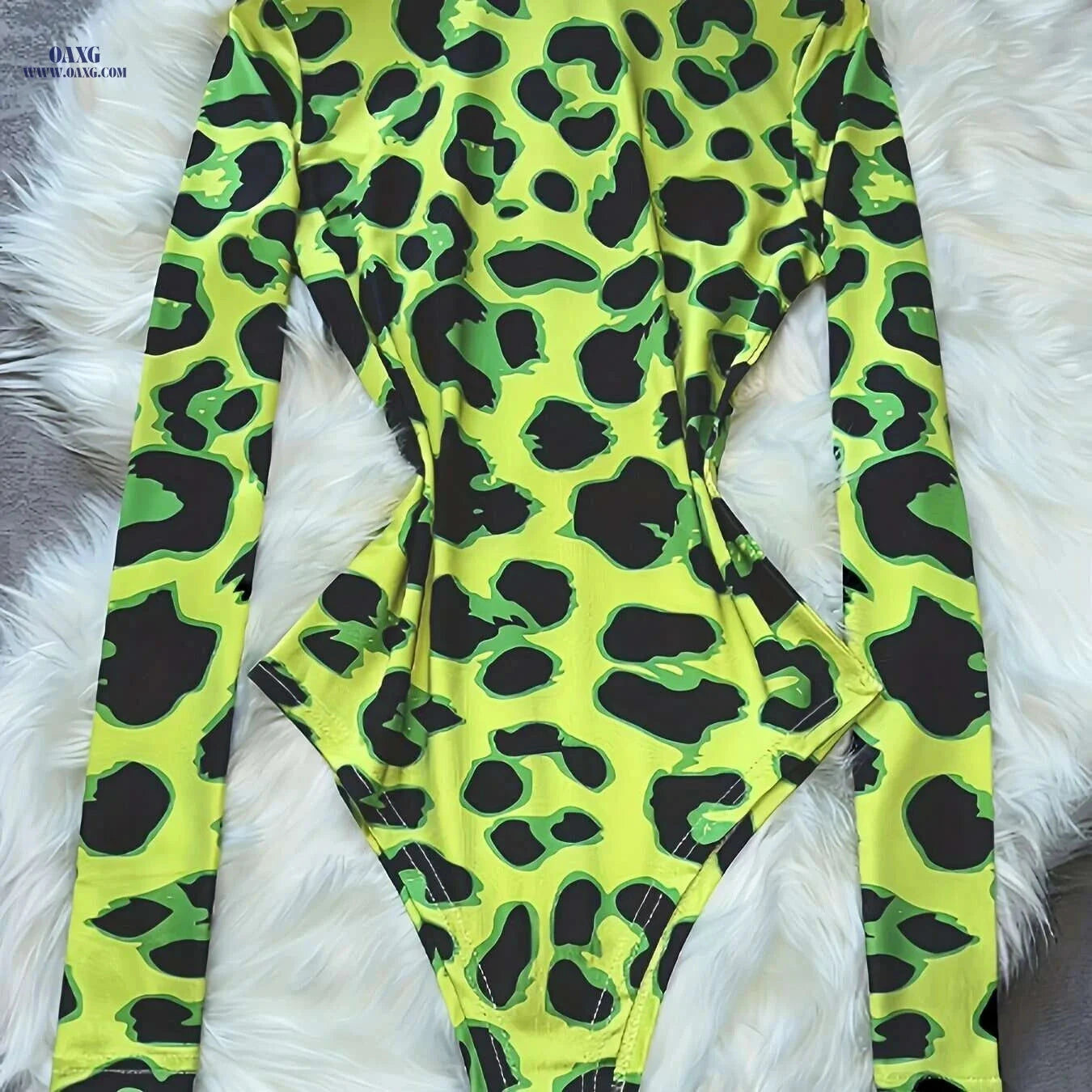 Women's Neon Green Leopard Print Bodysuit - High Neck & Stretchy Fit   OAXG 