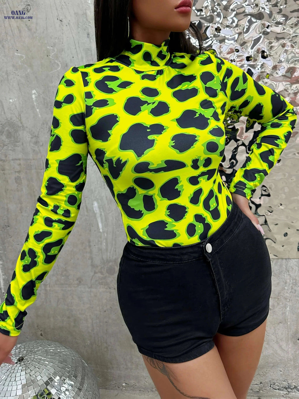 Women's Neon Green Leopard Print Bodysuit - High Neck & Stretchy Fit   OAXG 