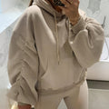 Women'S New Style Khaki Drawstring Sleeves Side Pleated Drop Shoulder Long Sleeve Loose Pullover, Fashionable And Easy Casual Sports Cycling And Running Going Out Basic Hooded Sweatshirt, Fall And Winter   OAXG Khaki / XS