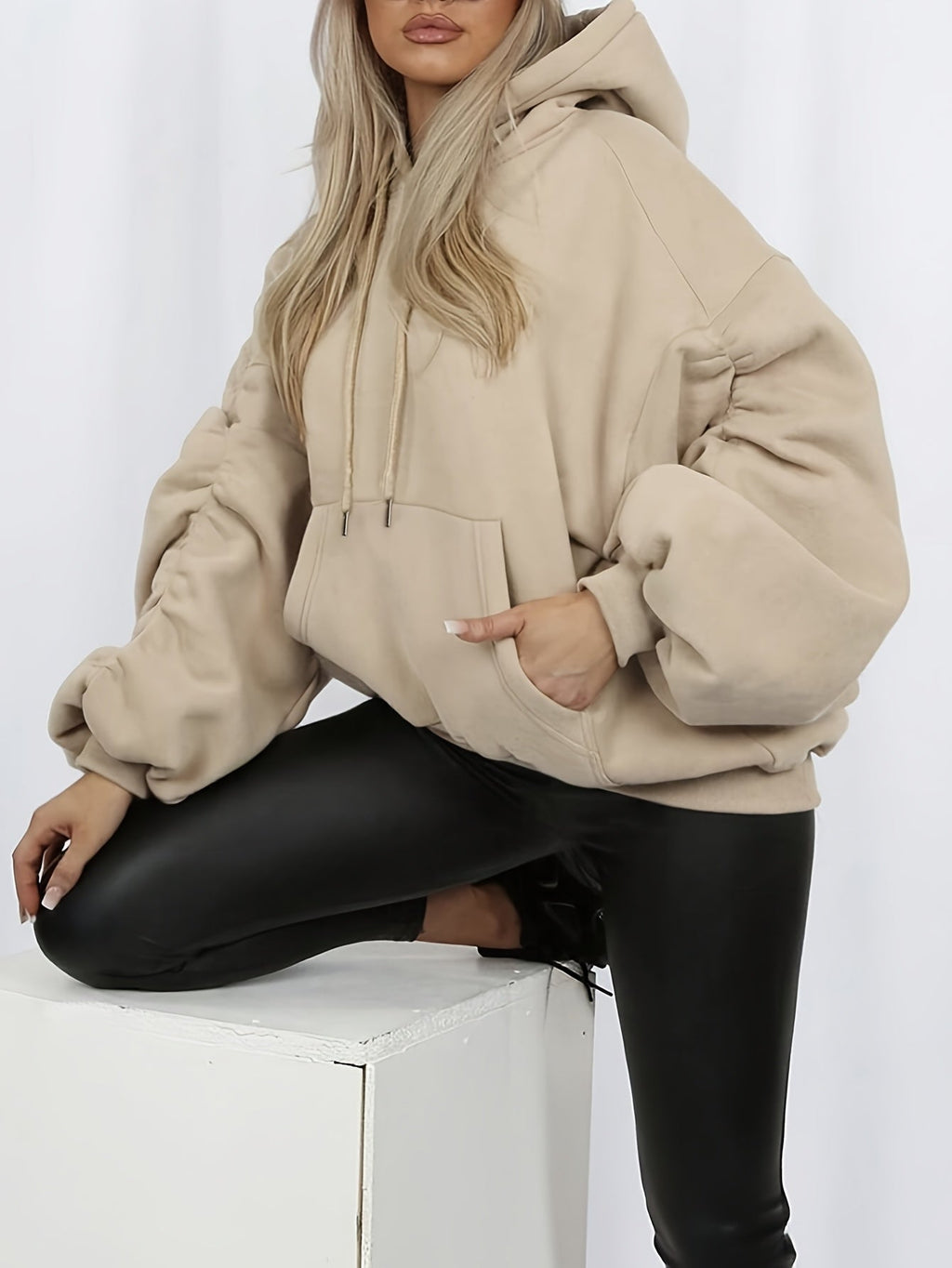 Women'S New Style Khaki Drawstring Sleeves Side Pleated Drop Shoulder Long Sleeve Loose Pullover, Fashionable And Easy Casual Sports Cycling And Running Going Out Basic Hooded Sweatshirt, Fall And Winter   OAXG Khaki / XS