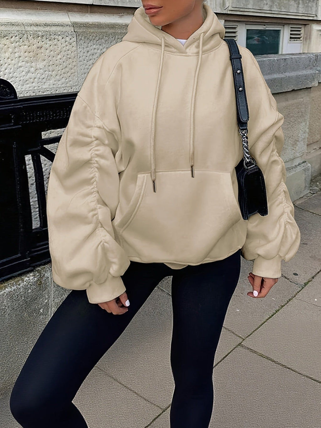 Women'S New Style Khaki Drawstring Sleeves Side Pleated Drop Shoulder Long Sleeve Loose Pullover, Fashionable And Easy Casual Sports Cycling And Running Going Out Basic Hooded Sweatshirt, Fall And Winter   OAXG Khaki / XS