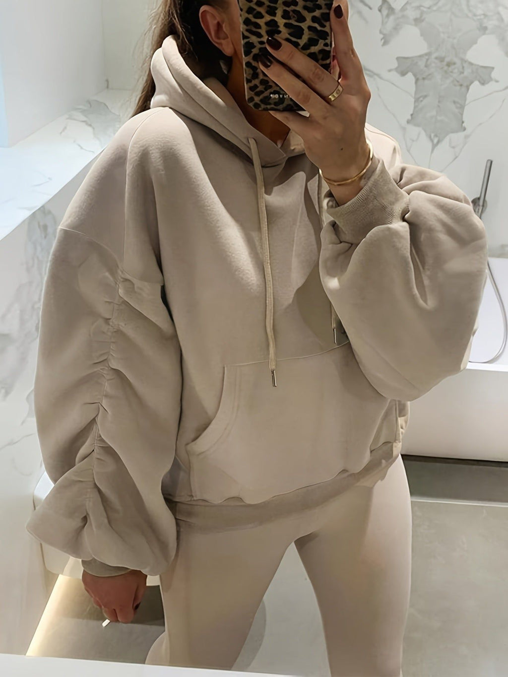Women'S New Style Khaki Drawstring Sleeves Side Pleated Drop Shoulder Long Sleeve Loose Pullover, Fashionable And Easy Casual Sports Cycling And Running Going Out Basic Hooded Sweatshirt, Fall And Winter   OAXG Khaki / XS