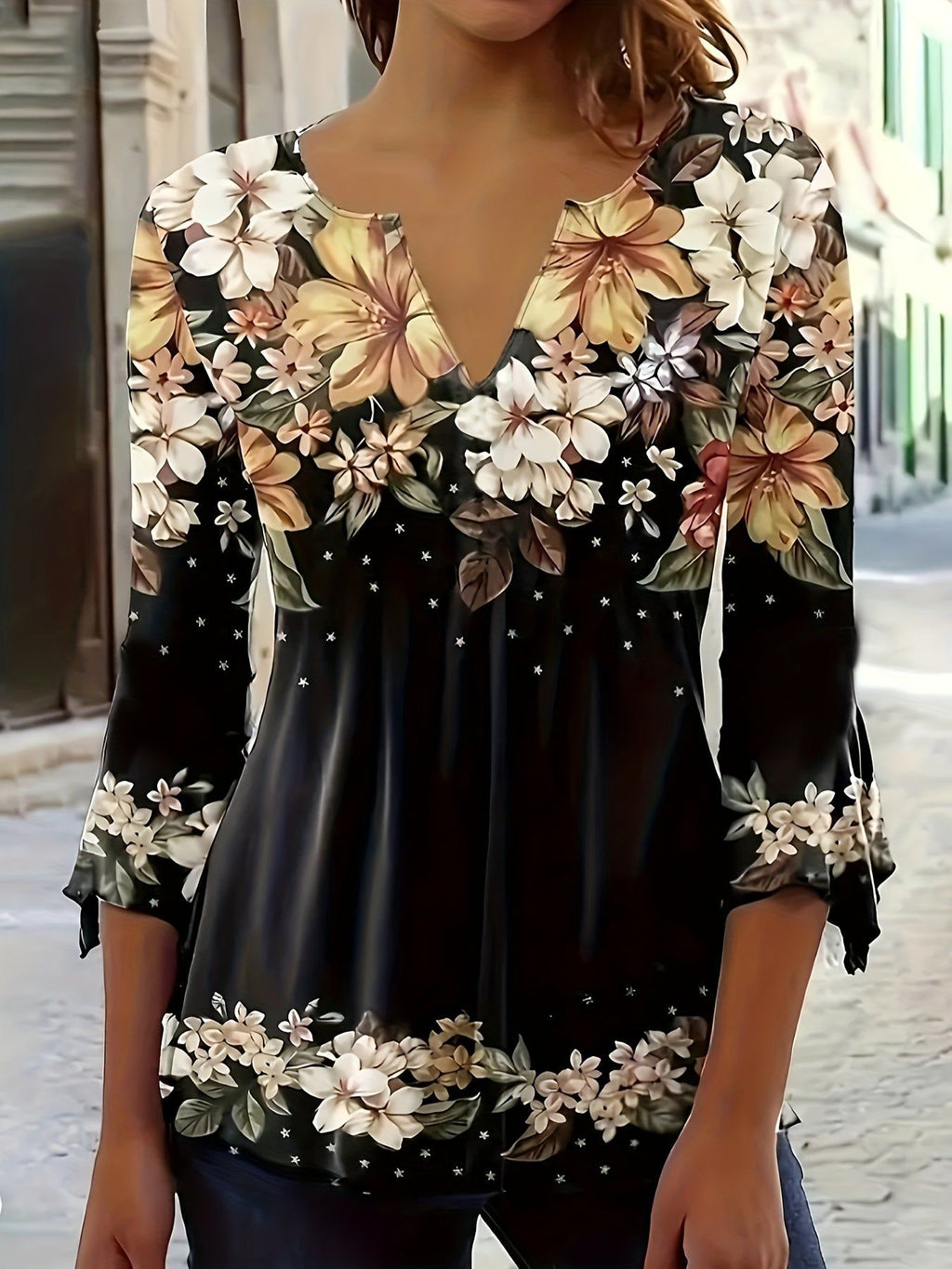 Women'S New T-Shirt Spring Summer Style Directional Style Large Random Small Flowers   OAXG Black / S