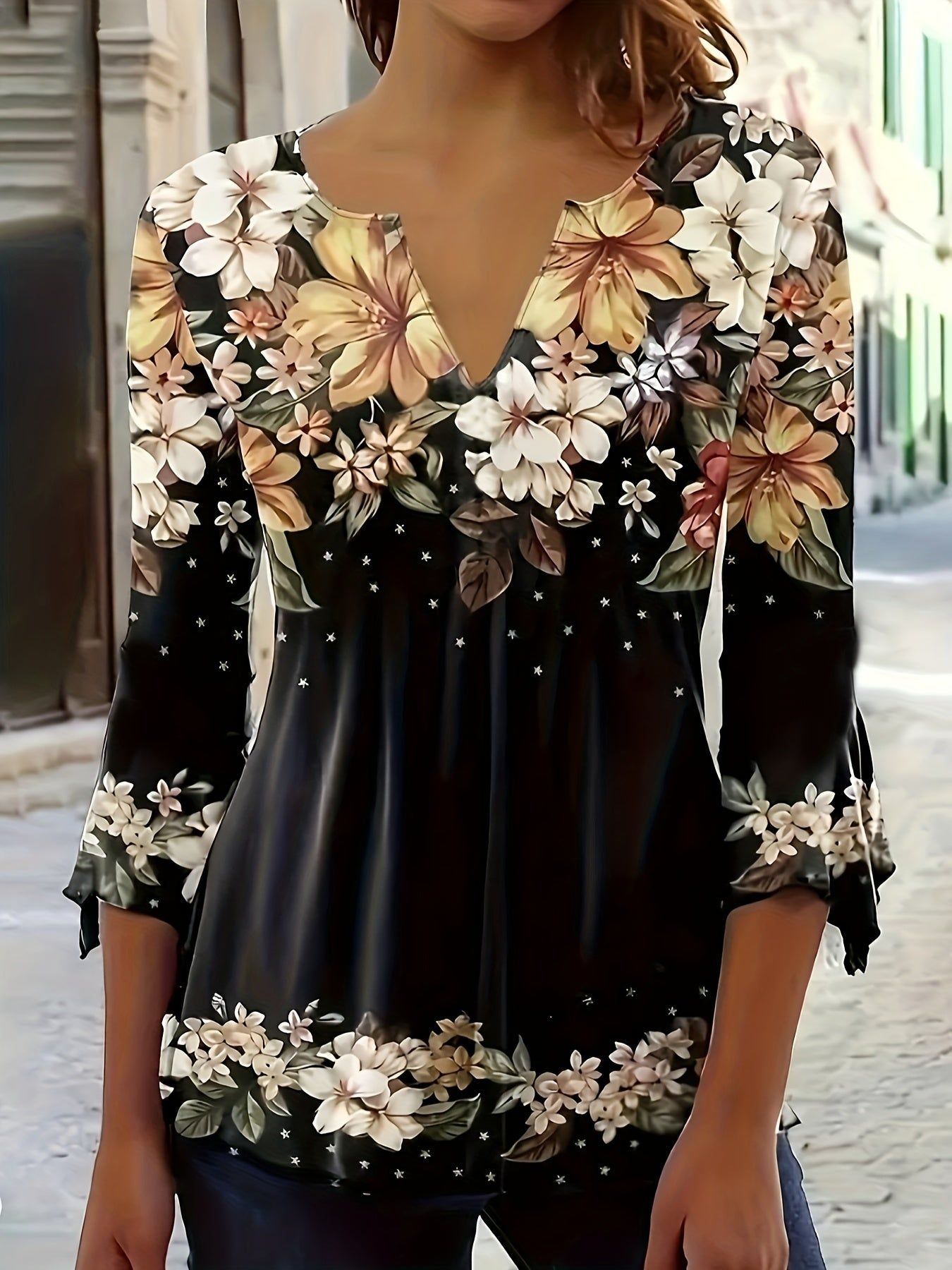 Women'S New T-Shirt Spring Summer Style Directional Style Large Random Small Flowers   OAXG Black / S