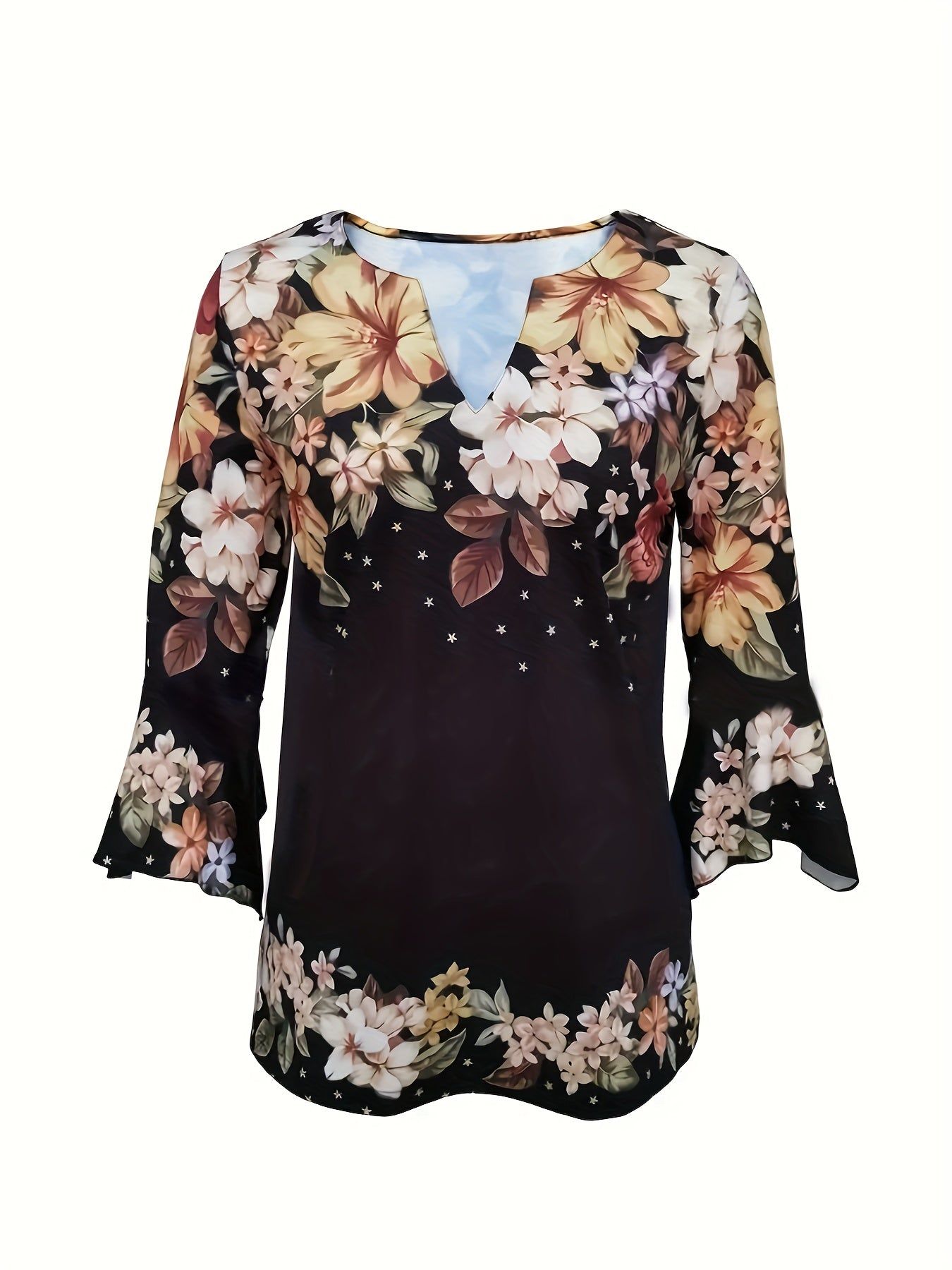 Women'S New T-Shirt Spring Summer Style Directional Style Large Random Small Flowers   OAXG Black / S