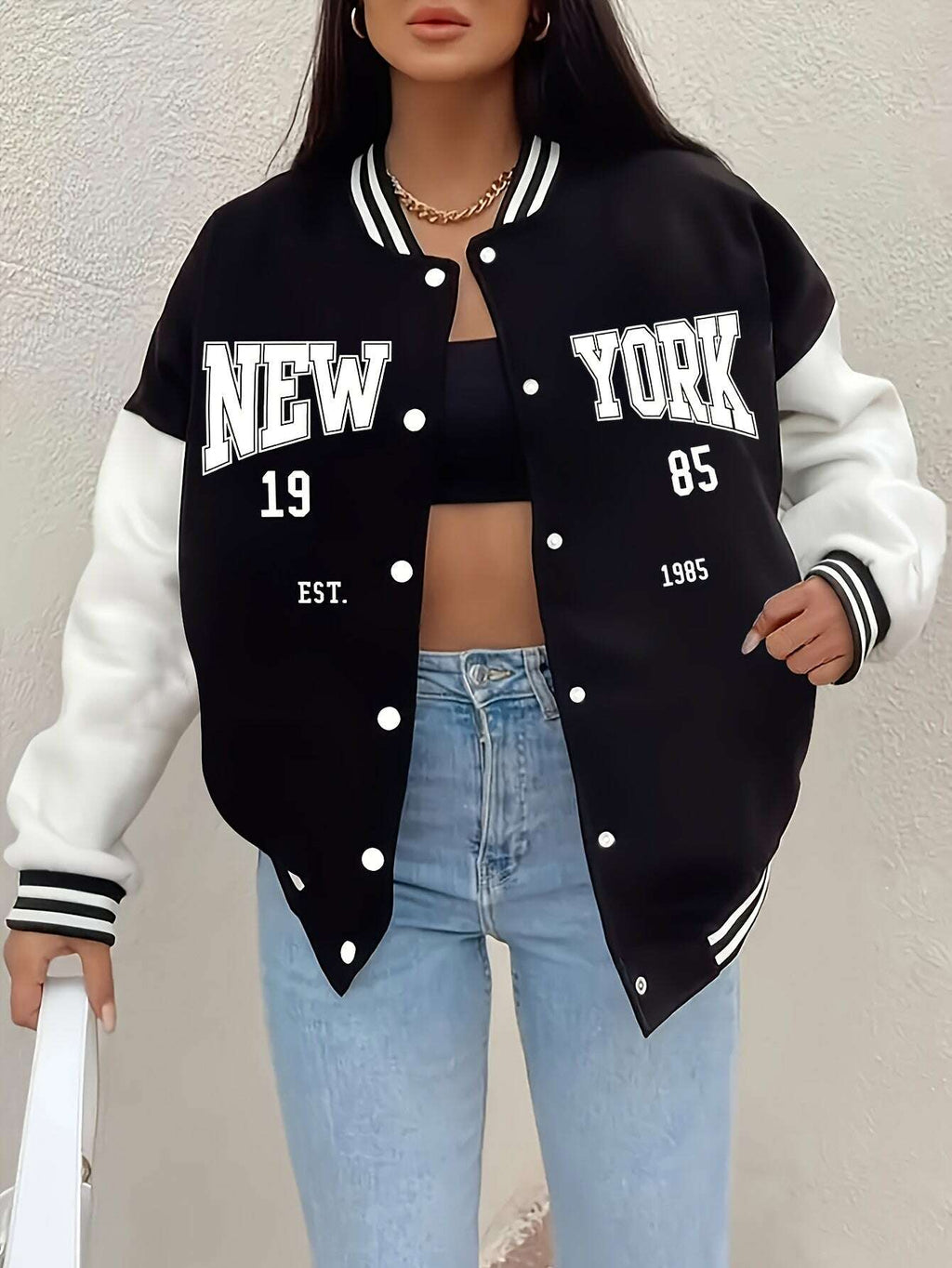 Women's New York 1985 Inspired Baseball Jacket - Cozy Fall Casual Outerwear   OAXG Black / S