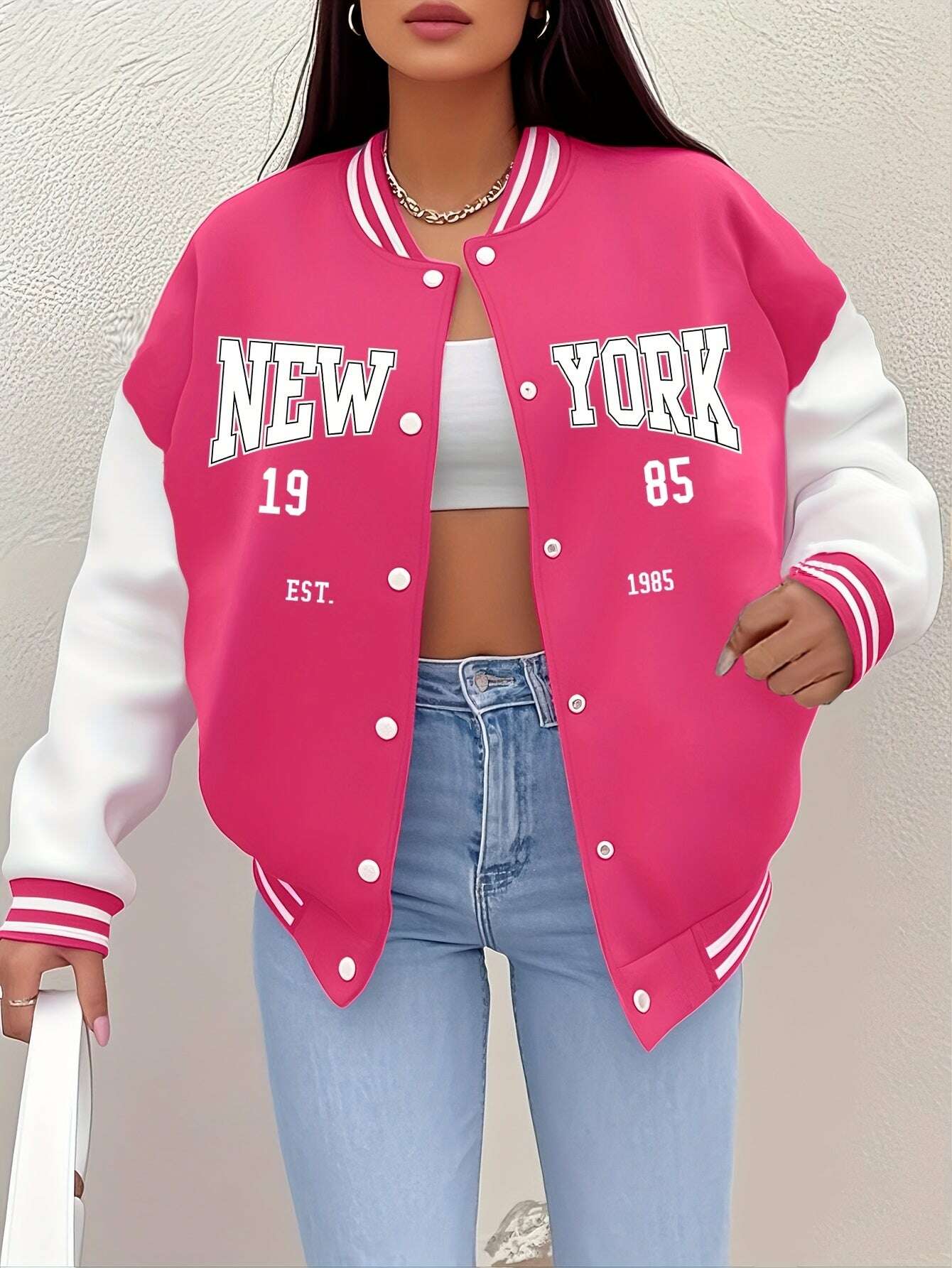 Women's New York 1985 Inspired Baseball Jacket - Cozy Fall Casual Outerwear   OAXG Black / S