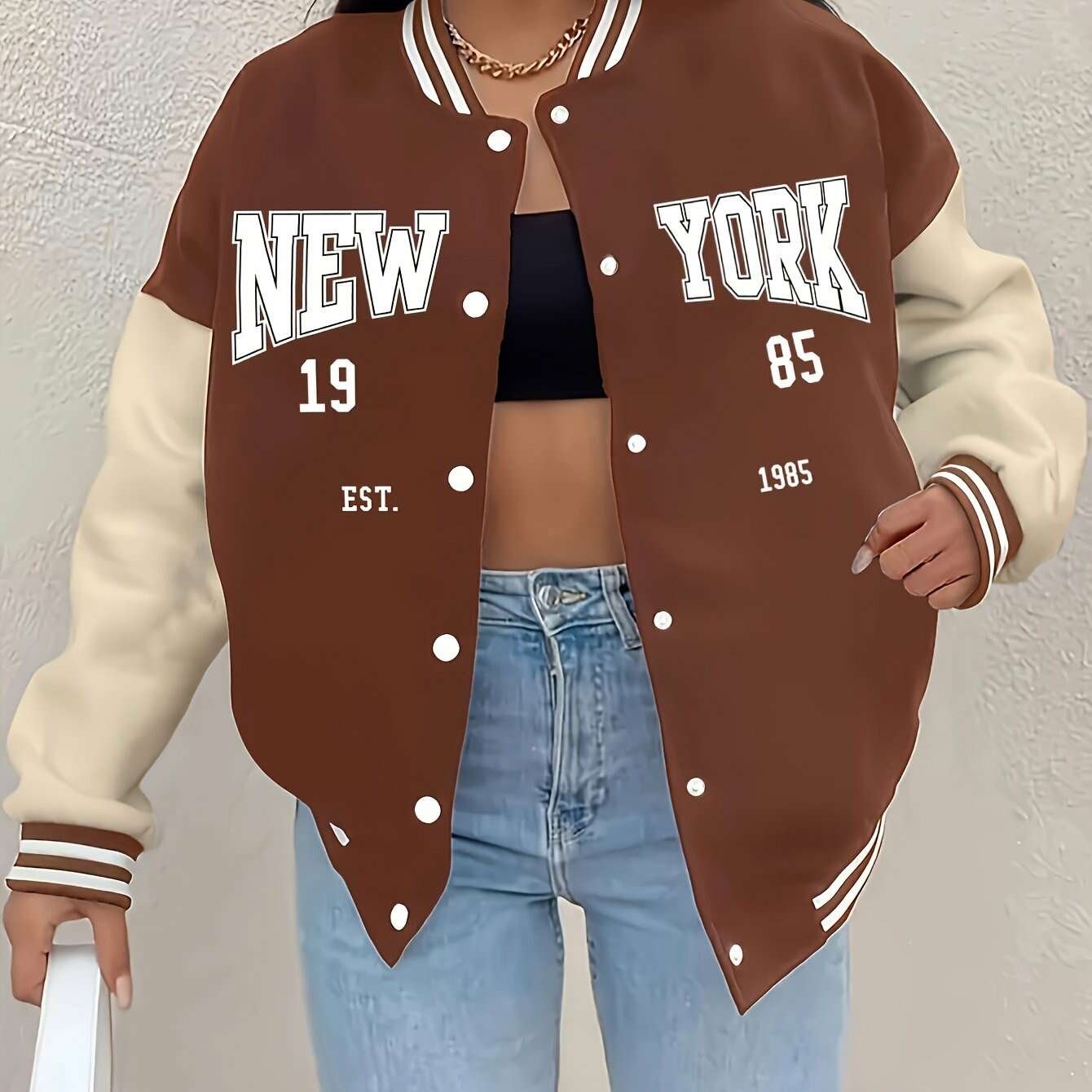 Women's New York 1985 Inspired Baseball Jacket - Cozy Fall Casual Outerwear   OAXG Black / S