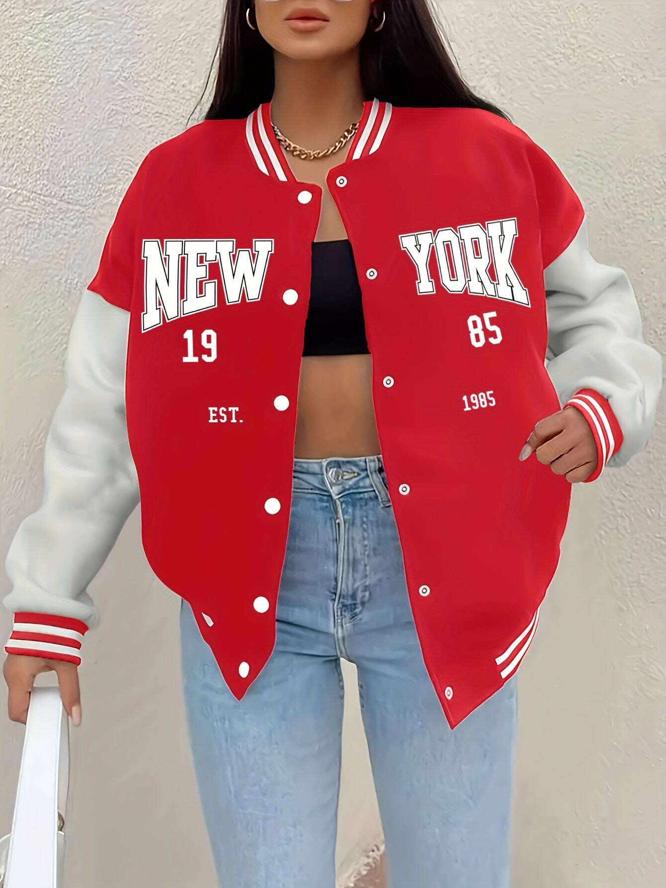 Women's New York 1985 Inspired Baseball Jacket - Cozy Fall Casual Outerwear   OAXG Black / S