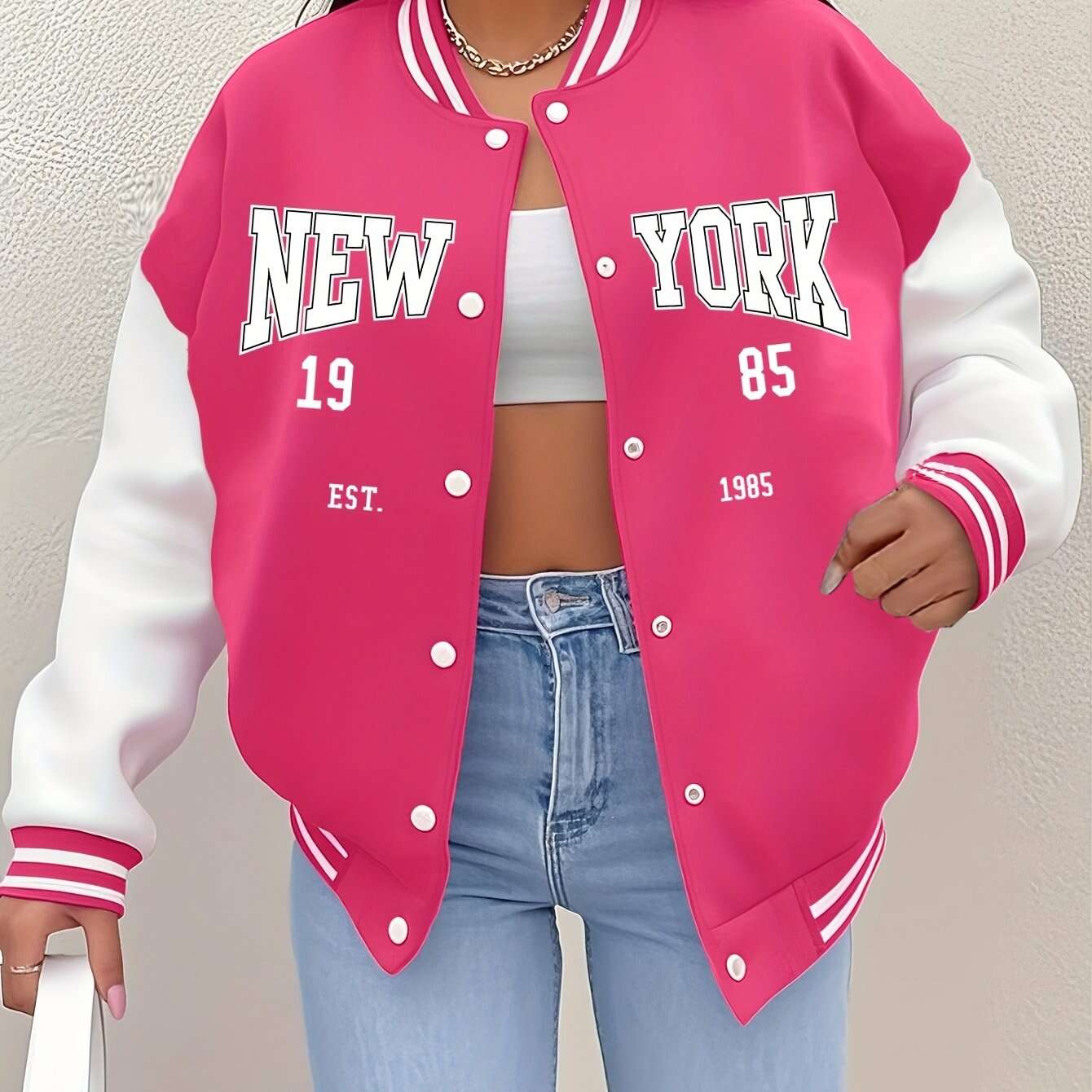 Women's New York 1985 Inspired Baseball Jacket - Cozy Fall Casual Outerwear   OAXG Black / S